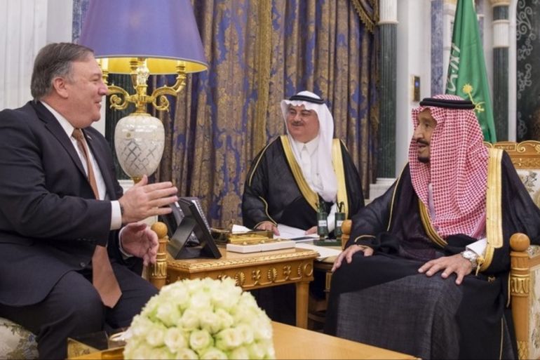 epa07096900 A handout photo made available by Saudi Royal Palace shows US Secretary of State Michael R. Pompeo (L) meeting with Saudi King Salman (R) in Riyadh, Saudi Arabia, 16 October 2018. Pompeo travelled to Saudi Arabia for talks over missing Saudi journalist Jamal Khashoggi, who disappeared after entering the Saudi consulate in Istanbul, Turkey on 02 October. EPA-EFE/BANDAR ALGALOUD HANDOUT HANDOUT EDITORIAL USE ONLY/NO SALES