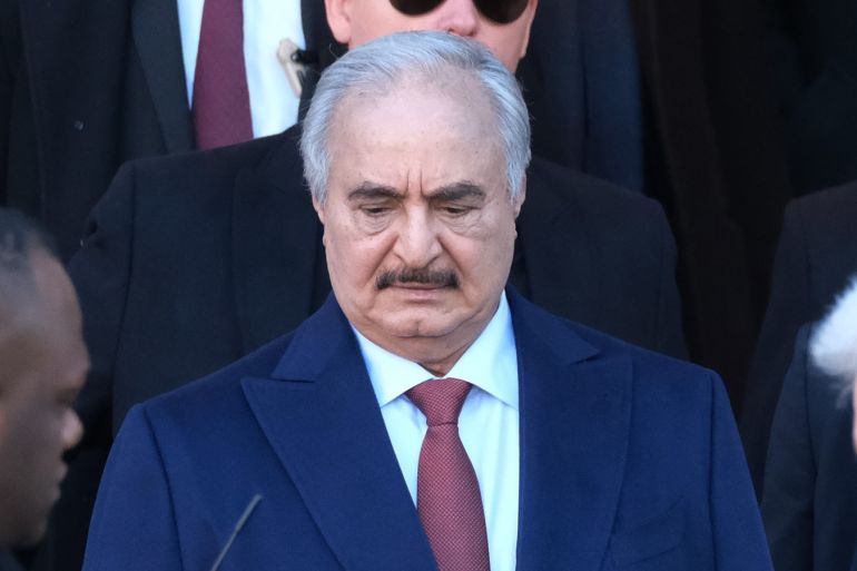 BERLIN, GERMANY - JANUARY 21: Libyan Field Marshall Khalifa Haftar steps into a limousine as he departs from the Hotel de Rome on January 21, 2020 in Berlin, Germany. Haftar commands forces fighting against the Libyan government and has been in Berlin for the international summit on achieving peace in Libya that took place last Sunday. (Photo by Sean Gallup/Getty Images)