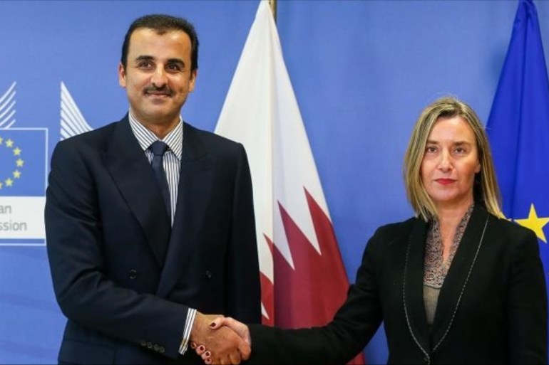 卡塔尔埃米尔谢赫塔米姆与欧盟外交事务负责人费代丽卡·莫盖里尼 [欧洲媒体]