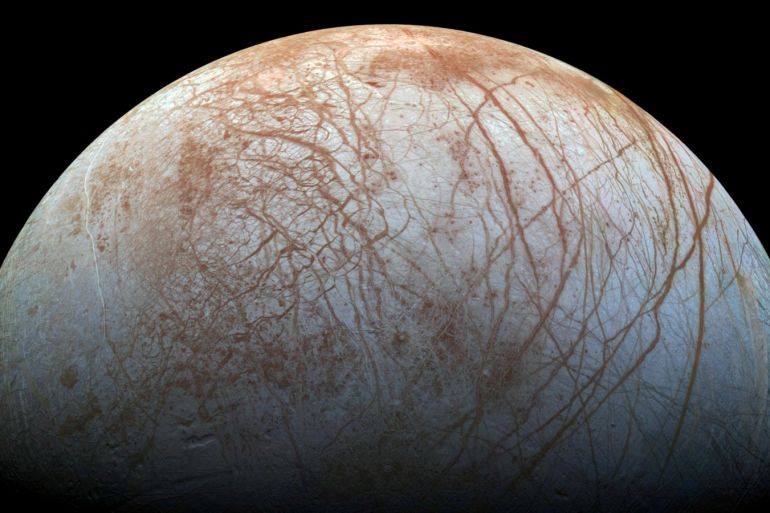 A view of Jupiter's moon Europa created from images taken by NASA's Galileo spacecraft in the late 1990's, according to NASA, obtained by Reuters May 14, 2018. NASA/JPL-Caltech/SETI Institute/ Handout via REUTERS ATTENTION EDITORS - THIS IMAGE WAS PROVIDED BY A THIRD PARTY TPX IMAGES OF THE DAY