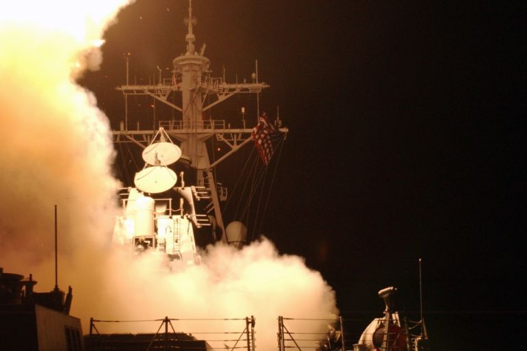 THE ARLEIGH BURKE-CLASS GUIDED MISSILE DESTROYER USS DONALD COOK LAUNCHESTHREE TOMAHAWK LAND ATTACK MISSILES IN RED SEA.The Arleigh Burke-class guided missile destroyer USS Donald Cook (DDG 75)launches three of its Tomahawk Land Attack Missiles (TLAM) at militarytargets in Iraq march 20, 2003. USS Donald Cook is part of the USS Harry S.Truman carrier battle group operating in the Red Sea in support of OperationEnduring Freedom. U.S. President George W. Bush unleashed a war to toppleSaddam Hussein on Thursday with dawn air strikes on Baghdad but the Iraqileader responded defiantly, denouncing the