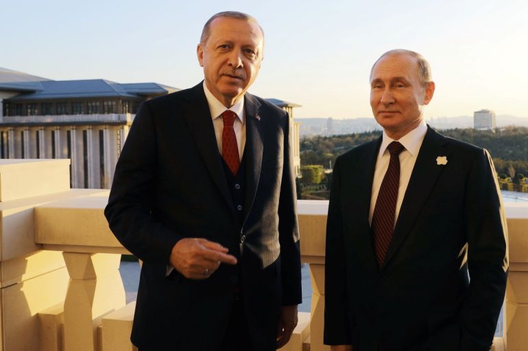 Turkish President Tayyip Erdogan and his Russian counterpart Vladimir Putin attend a meeting in Ankara, Turkey April 3, 2018. Sputnik/Mikhail Klimentyev/Kremlin via REUTERS ATTENTION EDITORS - THIS IMAGE WAS PROVIDED BY A THIRD PARTY.