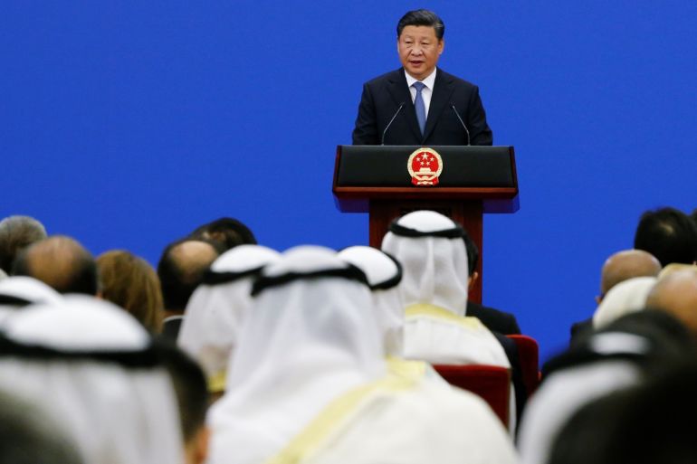 Chinese President Xi Jinping speaks to representatives of Arab League member states at a China Arab forum at the Great Hall of the People in Beijing, China, July 10, 2018. REUTERS/Thomas Peter