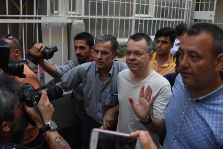 epa06910220 US pastor Andrew Brunson (C) is released from jail and will be put under house arrest during the duration of his trial, at Aliaga Prison in Izmir, Turkey, 25 July 2018. The US pastor has been in custody for two years under terror and espionage charges. EPA-EFE/MUSTAFA KOPRULU