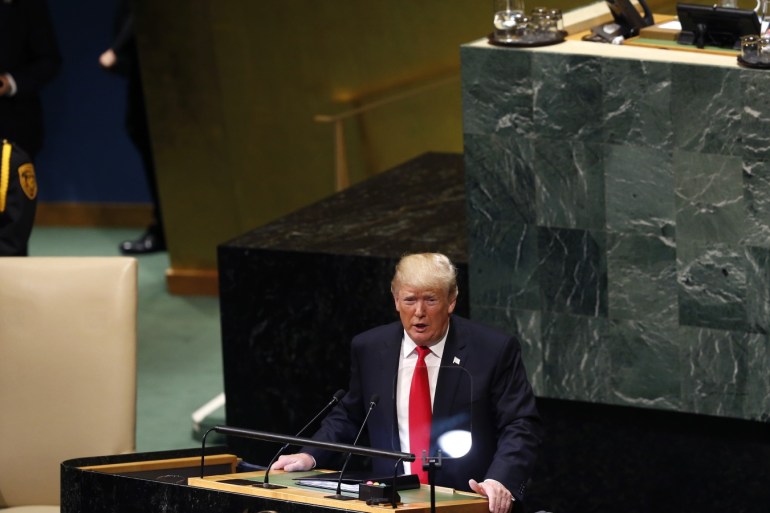 73rd Session of the UN General Assembly in New York- - NEW YORK, USA - SEPTEMBER 25 : U.S. President Donald Trump delivers a speech during the 73rd session of United Nations General Assembly at the United Nations Headquarters in New York, United States on September 25, 2018.