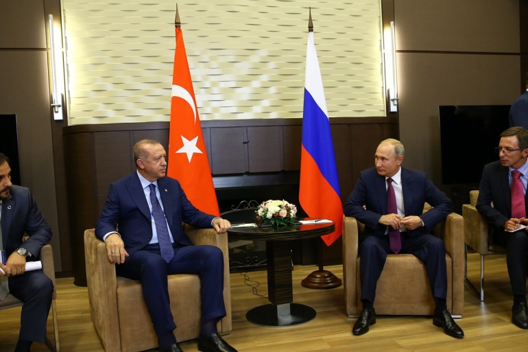 Recep Tayyip Erdogan - Vladimir Putin meeting in Russia- - SOCHI, RUSSIA - SEPTEMBER 17 : Turkish President Recep Tayyip Erdogan (L2) meets with Russian President Vladimir Putin (R2) in Sochi, Russia on September 17, 2018.