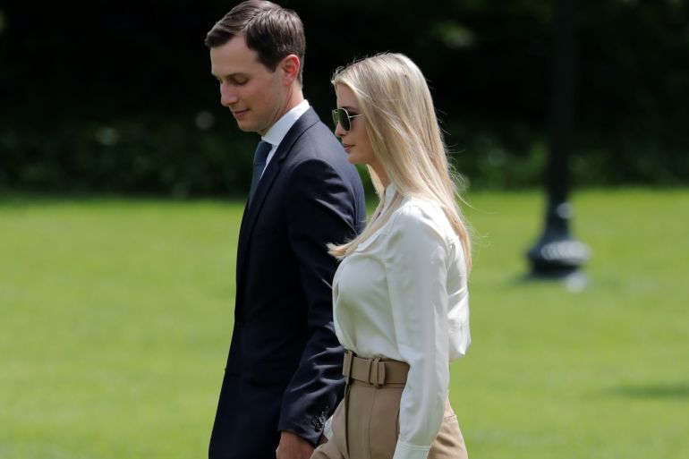White House senior advisers Jared Kushner and wife Ivanka Trump walk on the South Lawn of the White House as U.S. President Donald Trump departed Washington for the Camp David presidential retreat in Maryland, U.S., June 1, 2018. REUTERS/Carlos Barria
