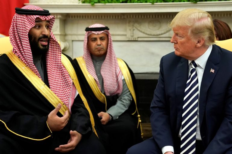 Mohammed bin Salman delivers remarks as U.S. President Donald Trump