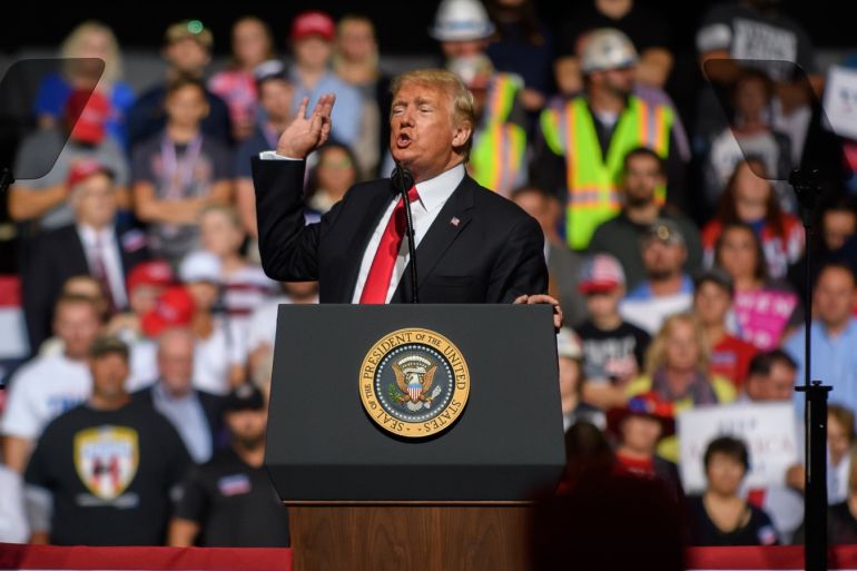 WHEELING, WV - SEPTEMBER 29: President Donald J. Trump speaks to supporters at his rally inside the WesBanco Arena on September 29, 2018 in Wheeling, West Virginia. Jeff Swensen/Getty Images/AFP== FOR NEWSPAPERS, INTERNET, TELCOS & TELEVISION USE ONLY ==
