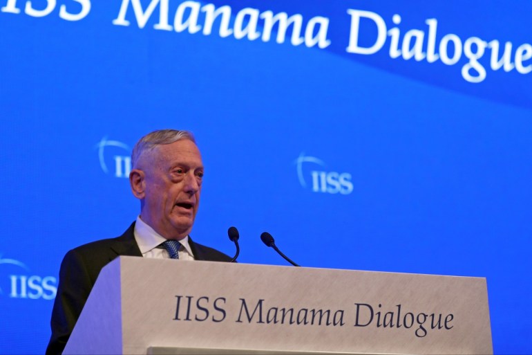U.S. Defense Secretary James Mattis speaks during the second day of the 14th Manama dialogue, Security Summit in Manama, Bahrain October 27, 2018. REUTERS/Hamad l Mohammed