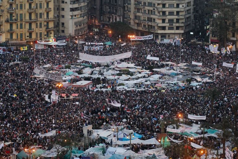 CAIRO, EGYPT - FEBRUARY 08: Anti-government protesters crowd Tahrir Square during a massive rally February 8, 2011 in Cairo, Egypt. Protesters in Tahrir Square in central Cairo have vowed to occupy the area until Egyptian President Hosni Mubarak quits, and marked the two-week anniversary of their efforts with another noisy mass demonstration. (Photo by Chris Hondros/Getty Images)