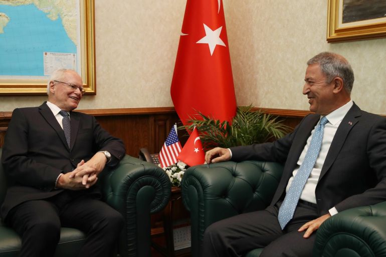 Hulusi Akar - James Jeffrey- - ANKARA, TURKEY - SEPTEMBER 4 : Turkish Minister of Defence Hulusi Akar (R) attend a meeting with US Special Representative on Syria, James Jeffrey (L) in Ankara, Turkey on September 4, 2018.