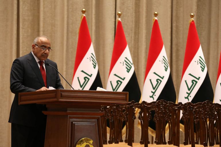 epa07117757 A handout picture released by Iraqi Parliament shows Iraqi Prime Minister Adel Abdul Mahdi reading the paragraphs of his government program during the session of Iraqi parliament in Baghdad, Iraq, 24 October 2018. The Iraqi parliament has failed to give the confidence to the government of Iraqi Prime Minister Adel Abdul-Mahdi, because of the dispute between the political blocs on the candidates for ministries, while the Iraqi paliament speaker postponed the session for eight days to give a chance to the political blocs to reach a settlement. EPA-EFE/IRAQI PARLIAMENT / HANDOUT HANDOUT EDITORIAL USE ONLY/NO SALES