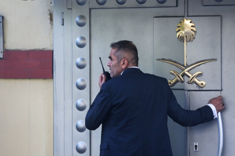 Consulate officers are seen at the entrance of Saudi consulate as the waiting continues on the disappearance of Prominent Saudi journalist Jamal Khashoggi in the Consulate General of Saudi Arabia in Istanbul, Turkey on October 10, 2018.