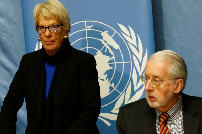 Paulo Pinheiro, Chairperson of the Independent Commission of Inquiry on the Syrian Arab Republic (R) waits with co-member Carla del Ponte before a news conference into events in Aleppo at the United Nations in Geneva, Switzerland, March 1, 2017. REUTERS/Denis Balibouse