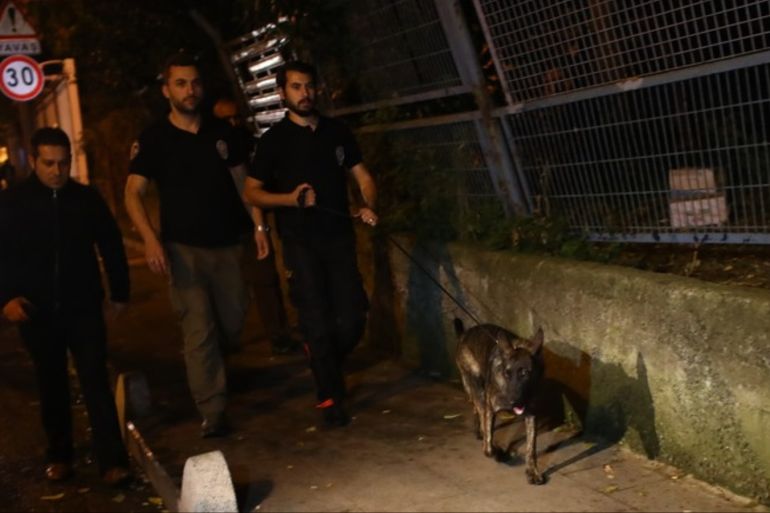 epa07101100 Turkish forensic police officers use search and rescue dog for investigation at the back yard of the residence of the Saudi consul Mohammed al-Otaibi for investigation in Istanbul, Turkey, early 18 October 2018. According to local media reports, al-Otaibi has left Turkey on 16 October. A Turkish prosecutor on 15 October has entered the Saudi consulate in Istanbul to investigate the disappearance of dissident Saudi journalist Jamal Khashoggi, an inspection th