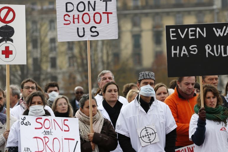 The staff of Medecins Sans Frontieres (MSF), also known as Doctors Without Borders, demonstrates in Geneva, Switzerland November 3, 2015, one month after the U.S. bombing of their charity-run hospital in Kunduz in Afghanistan. The United States, which has apologised for the attack, is conducting an investigation, but MSF wants an independent humanitarian commission created under the Geneva Conventions in 1991 to be activated for the first time to handle the inquiry. REU