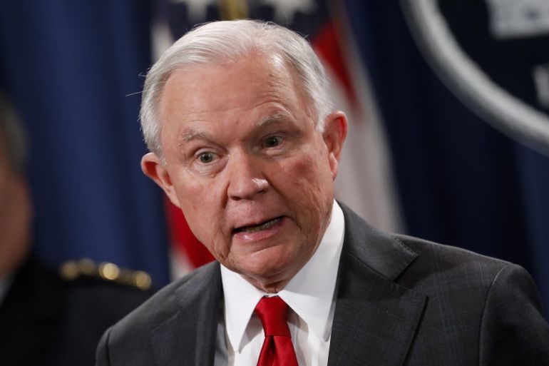 WASHINGTON, DC - OCTOBER 26: Attorney General Jeff Sessions speaks at a press conference about the apprehension of a suspect in the recent spate of mail bombings at the Department of Justice on October 26, 2018 in Washington, DC. Authorities arrested Cesar Sayoc in the attacks which targeted prominent Democrats and critics of President Trump. Aaron P. Bernstein/Getty Images/AFP== FOR NEWSPAPERS, INTERNET, TELCOS & TELEVISION USE ONLY ==