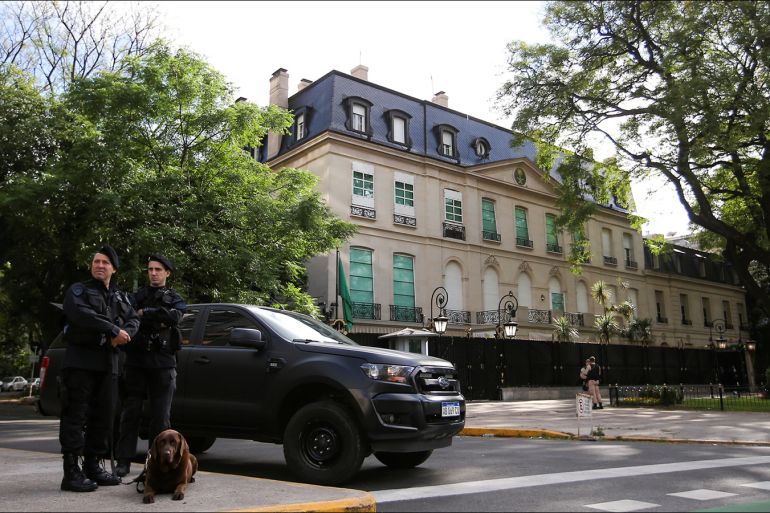 Officers of the bomb squad of Argentina's Federal Police secure the Saudi Arabian embassy in Buenos Aires
