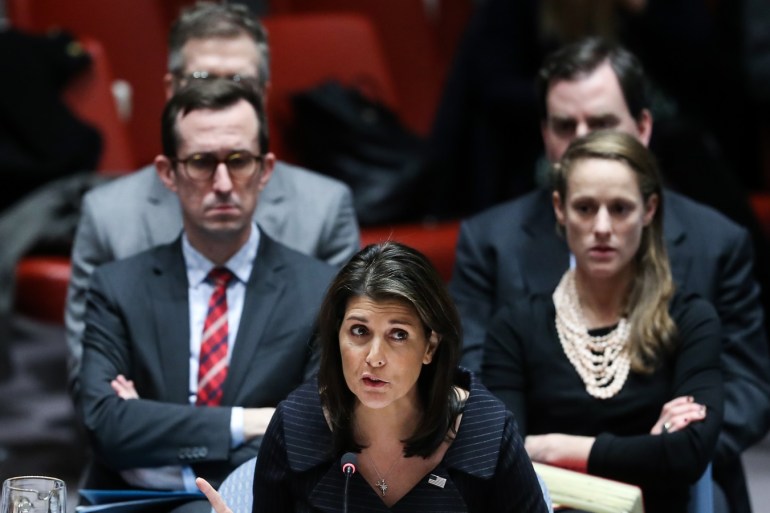 United Nations Security Council Meeting- - NEW YORK, USA - DECEMBER 18: U.S. Ambassador to the United Nations Nikki Haley, makes a speech during the Security Council meeting on the situation in Middle East including the Question of Palestine, at the United Nations headquarters in New York, United States on December 18, 2018.