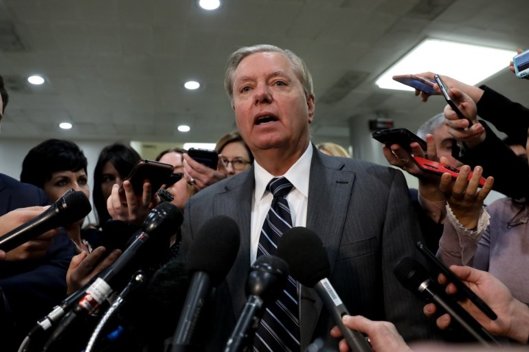 US Senator Lindsey Graham- - WASHINGTON, USA - DECEMBER 04: Senator Lindsey Graham (2nd L) speaks to press after a closed door briefing by Central Intelligence Agency Director Gina Haspel to members of Senate Foreign Relations Committee and Senate Armed Services Committee in Washington, United States on December 04, 2018. Haspel was on the Hill to brief committees members about U.S. intelligence related to the killing of Washington Post columnist Jamal Khashoggi. The Cr
