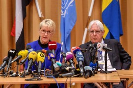 Swedish Foreign Minister Margot Wallstrom and U.N. envoy to Yemen Martin Griffiths attend the opening press conference on U.N.-sponsored peace talks for Yemen at Johannesberg castle, Stockholm, Sweden December 6, 2018. Stina Stjernkvist /TT News Agency/via REUTERS ATTENTION EDITORS - THIS IMAGE WAS PROVIDED BY A THIRD PARTY. SWEDEN OUT. NO COMMERCIAL OR EDITORIAL SALES IN SWEDEN.