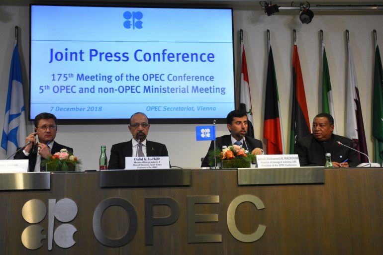 5th OPEC and non-OPEC Ministerial Meeting- - VIENNA, AUSTRIA - DECEMBER 7: Minister of Energy, Industry and Mineral Resources of Saudi Arabia Khalid al-Falih (2nd L), Russian Energy Minister Aleksandr Novak (L), UAE Minister of Energy and Industry, Suhail Mohammad Al Mazroui (2nd R), OPEC Secretary General Muhammed Barkindo (R) hold a joint press conference after the 5th Organisation of Petroleum Exporting Countries (OPEC) and non-OPEC Ministerial Meeting in Vienna, Austria on December 7, 2018.