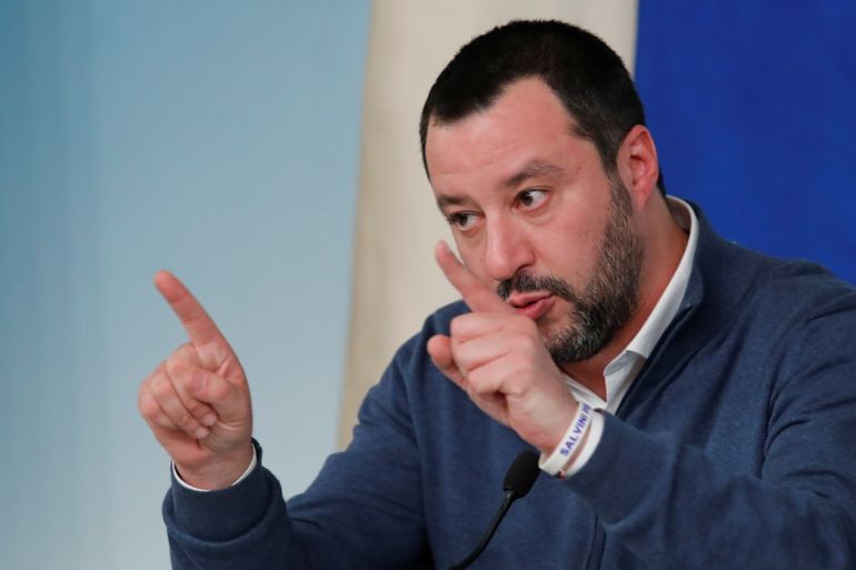 Italy's Interior Minister Matteo Salvini gestures as he attends a news conference regarding the return of former leftist guerrilla Cesare Battisti, in Rome, Italy, January 14, 2019. REUTERS/Remo Casilli