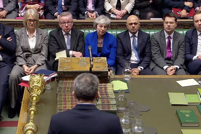 British Prime Minister Theresa May listens during a confidence vote debate after Parliament rejected her Brexit deal, in London, Britain, January 16, 2019, in this screen grab taken from video. Reuters TV via REUTERS