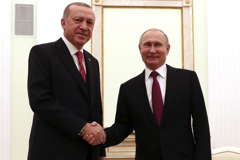 Recep Tayyip Erdogan - Vladimir Putin meeting in Moscow- - MOSCOW, RUSSIA - JANUARY 23: Turkish President Recep Tayyip Erdogan (L) meets Russian President Vladimir Putin (R) in Moscow, Russia on January 23, 2019.