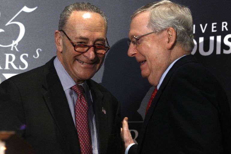 LOUISVILLE, KY - FEBRUARY 12: U.S. Senate Majority Leader Mitch McConnell (right) (R-KY) and U.S. Senate Democratic Leader Chuck Schumer (D-NY) shake hands after Shumer delivered a speech and answered questions at the University of Louisville's McConnell Center February 12, 2018 in Louisville, Kentucky. Sen. Schumer spoke at the event as part of the Center's Distinguished Speaker Series, and Sen. McConnell introduced him. Bill Pugliano/Getty Images/AFP== FOR NEWSPAPERS, INTERNET, TELCOS & TELEVISION USE ONLY ==
