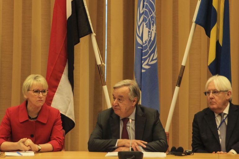 Yemen peace talks in Sweden- - STOCKHOLM, SWEDEN - DECEMBER 12: UN Secretary-General Antonio Guterres (C), UN special envoy to Yemen Martin Griffiths (R) and Foreign Minister of Sweden Margot Wallstrom (L) attend a press conference during the closing session of Yemen peace talks in Rimbo town of Stockholm, Sweden, on December 12, 2018.