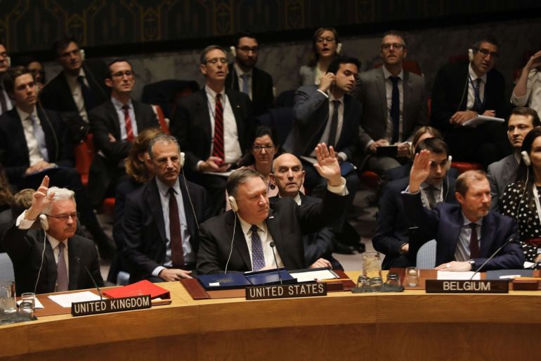 NEW YORK, NEW YORK - JANUARY 26: United States Secretary of State Mike Pompeo votes before addressing the United Nations (U.N.) Security Council in a meeting which was requested by the United States to offer a statement on the current situation in for Venezuela on January 26, 2019 in New York City. The U.S. is seeking a United Nations Security Council statement expressing full support for Venezuela's National Assembly following recent events in which the U.S. and a num