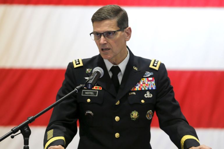 General Joseph L. Votel, Commander of United States Central Command (CENTCOM) speaks during the Change of Command U.S. Naval Forces Central Command 5th Fleet Combined Maritime Forces ceremony at the U.S. Naval Base in Bahrain, May 6, 2018. REUTERS/Hamad I Mohammed