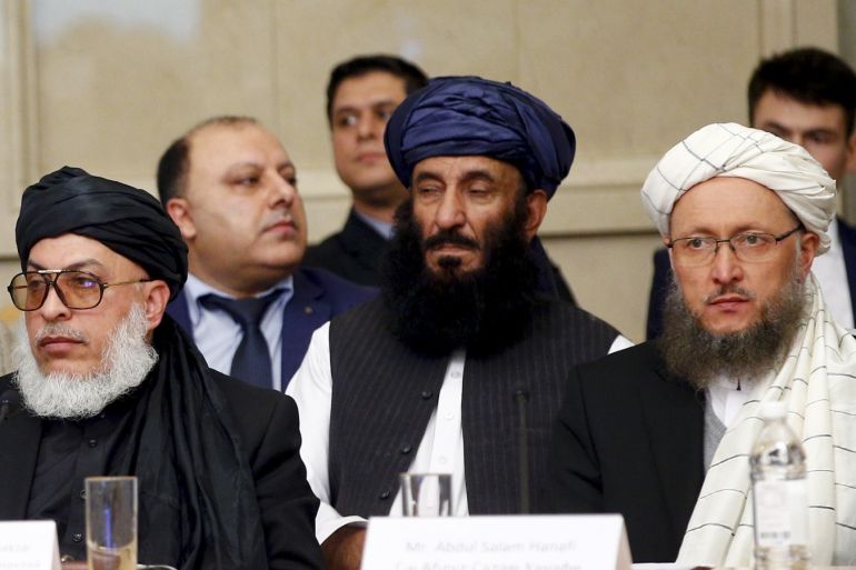 Taliban meet Afghan politicians in Moscow for peace- - MOSCOW, RUSSIA - FEBRUARY 06: Head of Political Office of the Taliban Sher Mohammad Abbas Stanakzai (front L) and related special representatives gather for the manifesto after the peace talks on Moscow format at the President Hotel in Moscow, Russia on February 6, 2019. The Taliban representatives met a number of non-government Afghan politicians in the Russian capital Moscow on for the landmark peace talks.