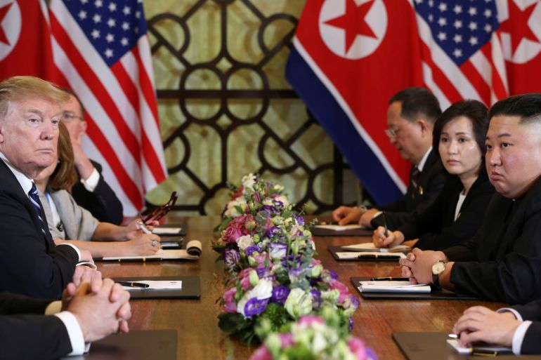 North Korea's leader Kim Jong Un and U.S. President Donald Trump look on during the extended bilateral meeting in the Metropole hotel during the second North Korea-U.S. summit in Hanoi, Vietnam February 28, 2019. REUTERS/Leah Millis