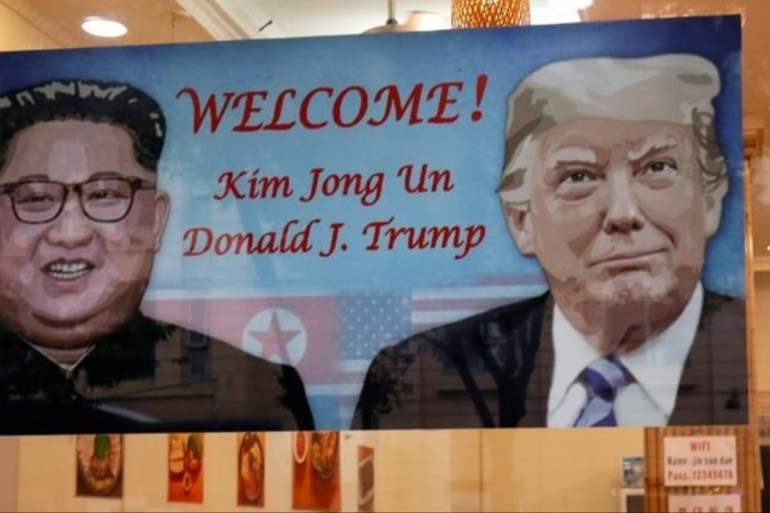 A banner welcoming the two leaders who will meet on February 27 and 28 [Kham/Reuters]