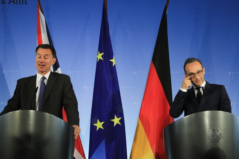 British Foreign Secretary Jeremy Hunt in Berlin- - BERLIN, GERMANY - JULY 23: German Foreign Minister Heiko Maas and British Foreign Secretary Jeremy Hunt hold a joint press conference after their meeting at the Ministry of Foreign Affairs in Berlin, Germany on July 23, 2018.