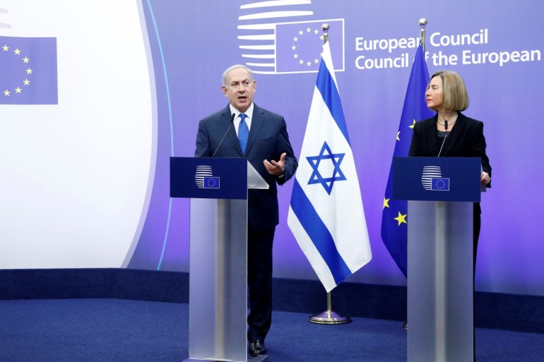 Israel's Prime Minister Benjamin Netanyahu and European Union foreign policy chief Federica Mogherini brief the media at the European Council in Brussels, Belgium December 11, 2017. REUTERS/Francois Lenoir