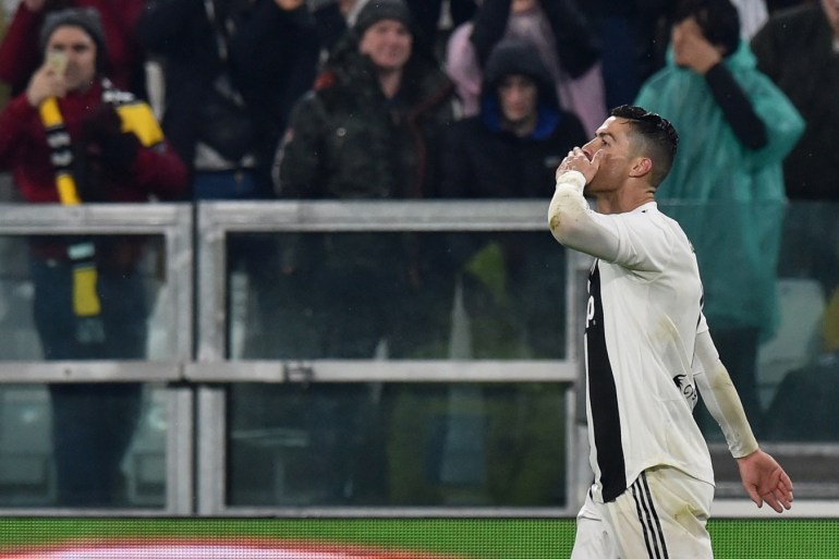 TURIN, ITALY - FEBRUARY 02: Cristiano Ronaldo of Juventus celebrates after scoring the opening goal during the Serie A match between Juventus and Parma Calcio at Allianz Stadium on February 02, 2019 in Turin, Italy. (Photo by Tullio M. Puglia/Getty Images)