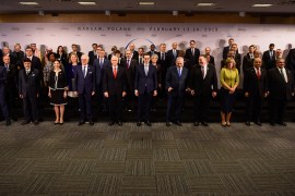 Peace and Security in the Middle East Summit in Poland- - WARSAW, POLAND - FEBRUARY 14: Participants stand for the family photo at the