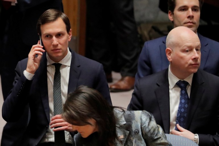 U.S. United Nations ambassador Nikki Haley (C) White House senior adviser Jared Kushner (L) and Jason Greenblatt (R), U.S. President Donald Trump's Middle East envoy wait for a meeting of the UN Security Council at UN headquarters in New York, U.S., February 20, 2018. REUTERS/Lucas Jackson