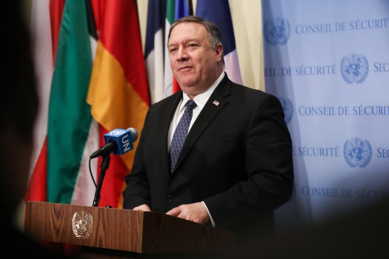U.S. Secretary of State Mike Pompeo - - NEW YORK, USA - JANUARY 26 : U.S. Secretary of State Mike Pompeo, addresses the media following a Security Council meeting on the situation in Venezuela, at the United Nations headquarters in New York, United States on January 26, 2019.