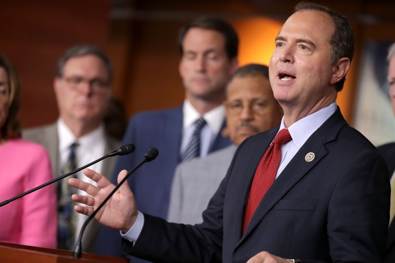 WASHINGTON, DC - JULY 17: House Intelligence Committee ranking member Rep. Adam Schiff (D-CA) speaks during a news conference with Democratic members of the committee about the Trump-Putin Helsinki summit in the U.S. Capitol Visitors Center July 17, 2018 in Washington, DC. Past and present members of the committee were very critical of U.S. President Donald Trump's remarks about Russia's work to interfere with the 2016 presidential election. Chip Somodevilla/Getty I