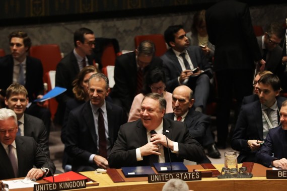 NEW YORK, NEW YORK - JANUARY 26: U.S. Secretary of State Mike Pompeo attends a United Nations Security Council meeting which was requested by the United States to offer a statement on the current situation in for Venezuela on January 26, 2019 in New York City. The U.S. is seeking a United Nations Security Council statement expressing full support for Venezuela's National Assembly following recent events in which the U.S. and a number of other of countries in the region