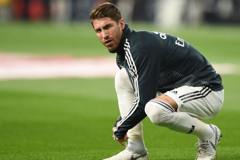 MADRID, SPAIN - FEBRUARY 27: Sergio Ramos of Real Madrid warms up for the Copa del Rey Semi Final second leg match between Real Madrid and FC Barcelona at Bernabeu on February 27, 2019 in Madrid, Spain. (Photo by Denis Doyle/Getty Images)