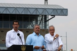 Maduro liable for aid-related border violence: Colombia- - CUCUTA, VENEZUELA - FEBRUARY 23: The leader of the National Assembly and self-proclaimed Venezuelan president, Juan Guaido (L) makes a speech during a press conference with the attendance of Colombian President Ivan Duque (2nd R) and Chilean President Sebastian Pinera (R) on Tienditas Bridge in Cucuta, Venezuela on February 23, 2019.