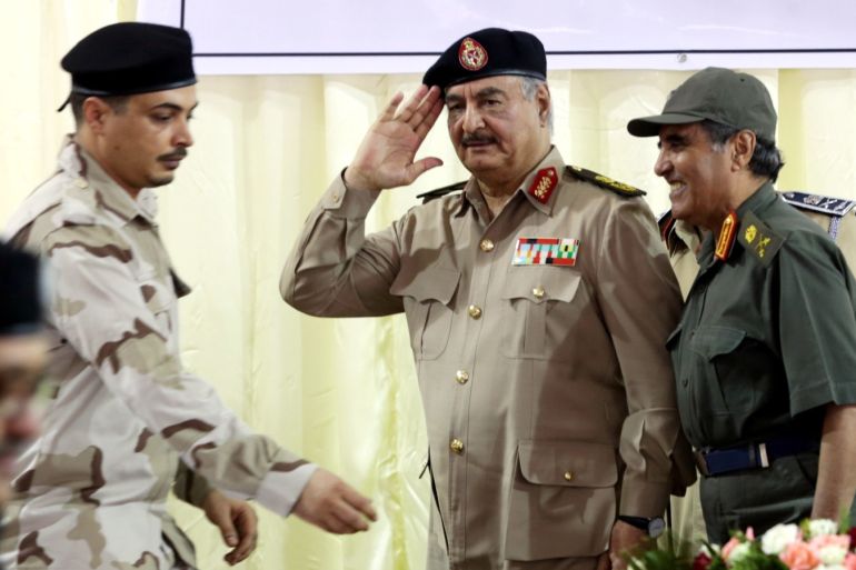 Libya's eastern-based commander Khalifa Haftar salutes as he participates in General Security conference, in Benghazi, Libya, October 14, 2017. REUTERS/Esam Omran Al-Fetori