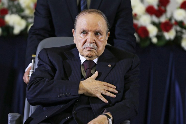 epa04183737 Algerian President Abdelaziz Bouteflika, re-elected for a fourth mandate, during the oath of office in Algiers, Algeria, 28 April 2014. Bouteflika was sworn in for a fourth term in a wheelchair. Bouteflika, who was reelected in April 17 elections, appeared stronger than in recent appearances but still fatigued as he took the oath of office in a televised ceremony at the Palais des Nations convention centre. The 77-year-old leader's quest for another five ye