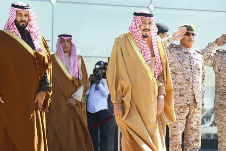 Saudi King Salman and Saudi Deputy Crown Prince Mohammed bin Salman attend a graduation ceremony and air show marking the 50th anniversary of the founding of King Faisal Air College in .jpg
